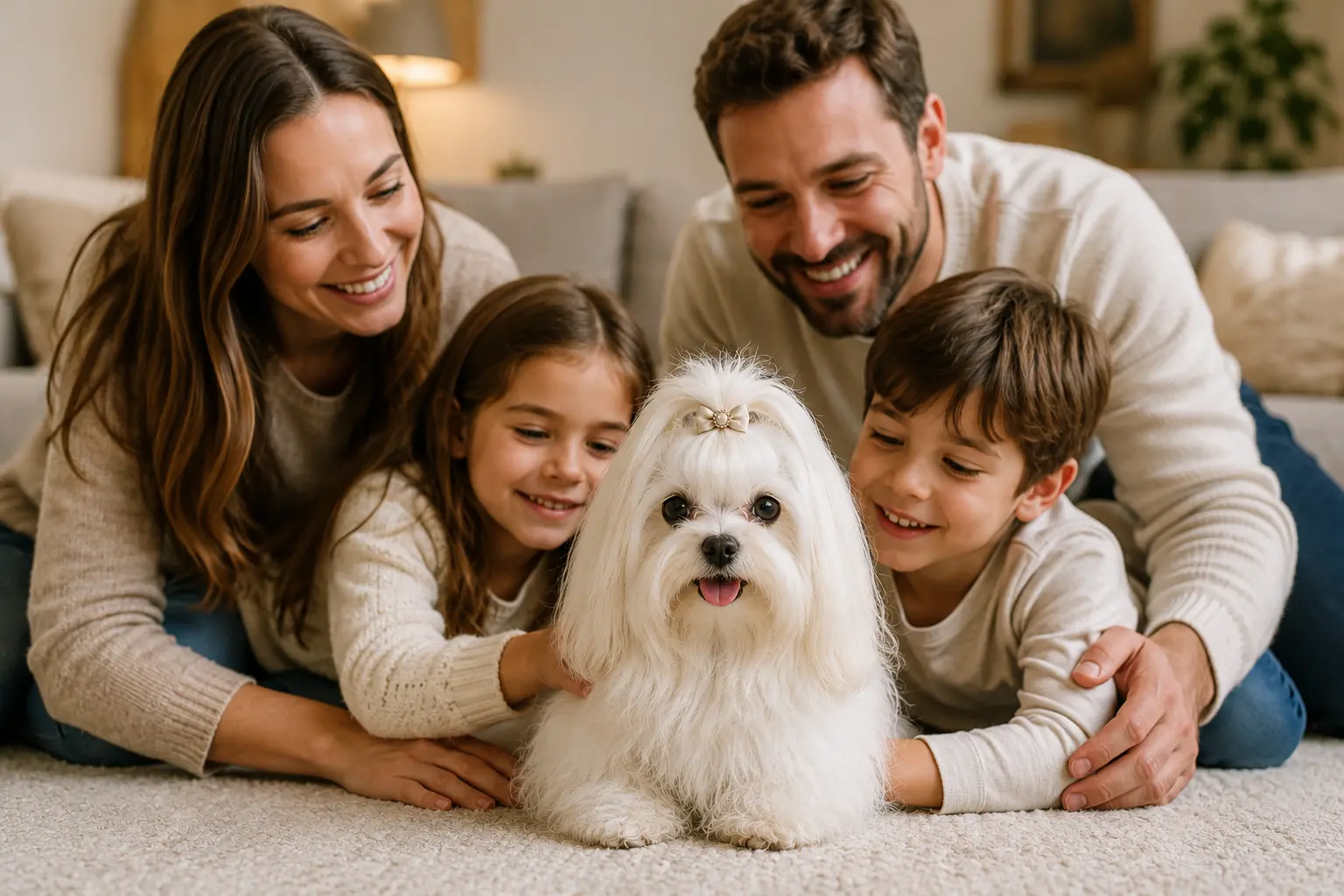 Bichón Maltés junto a una familia en un entorno familiar