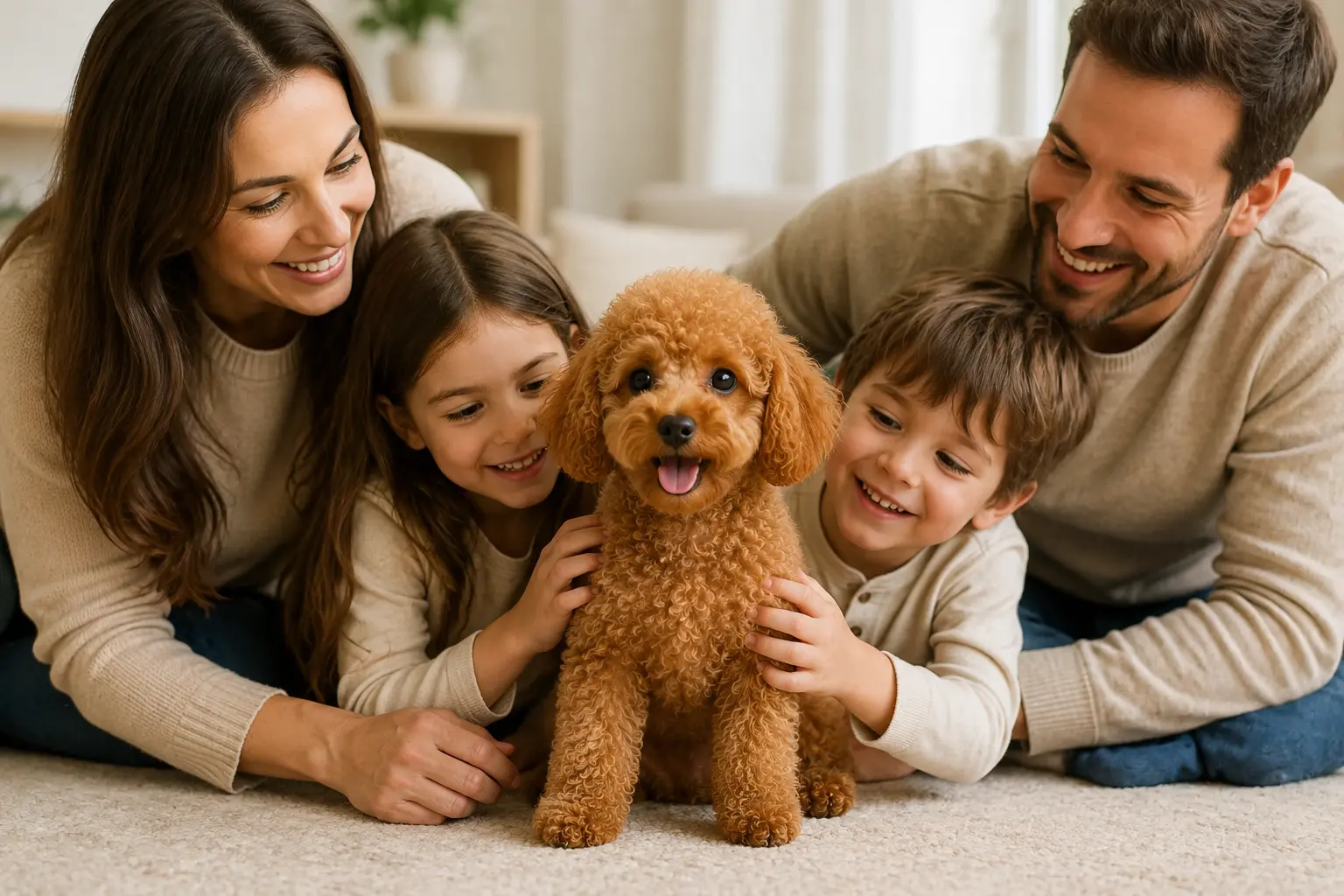 Caniche Toy junto a una familia en un entorno familiar