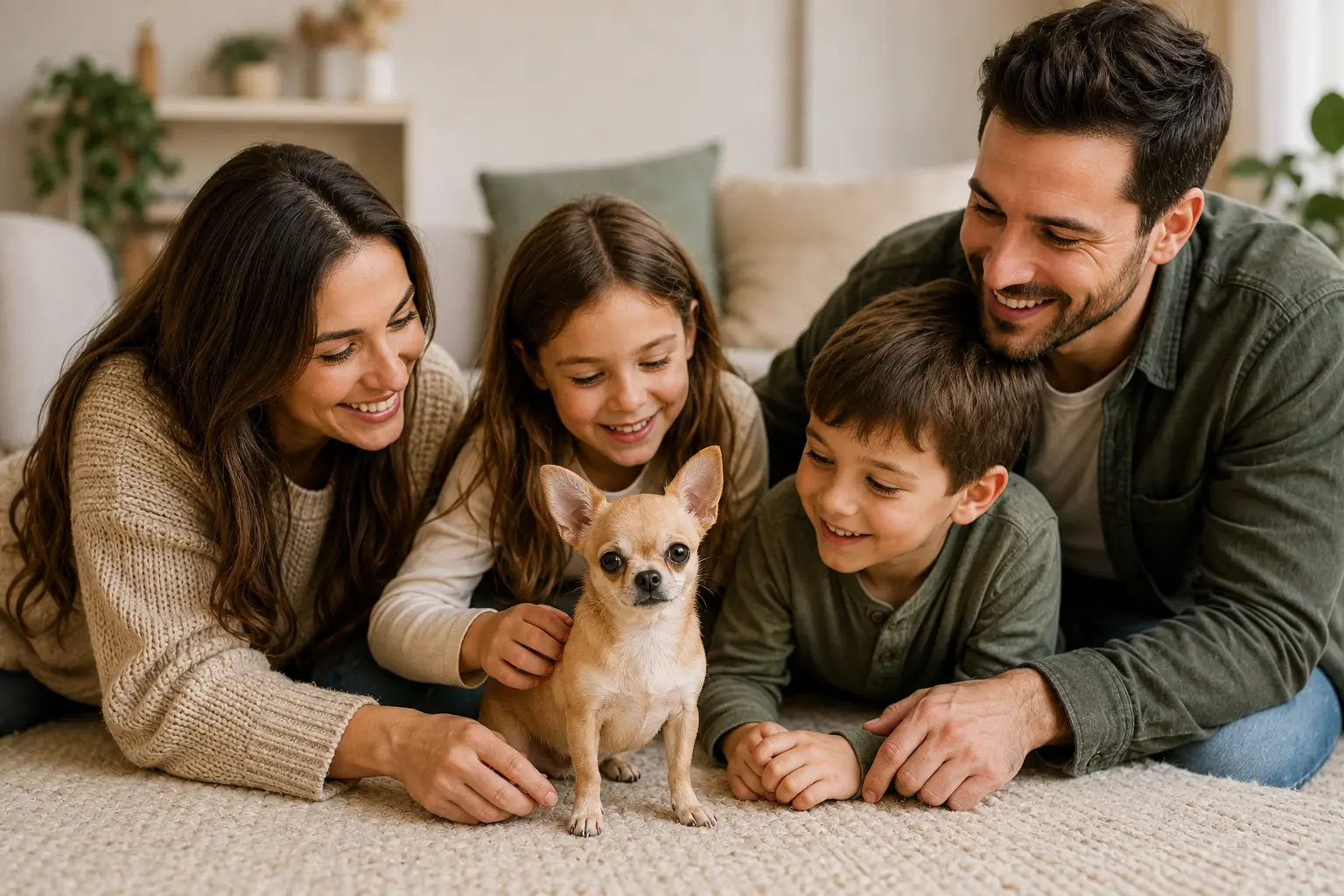 Chihuahua rodeado de una familia en un ambiente familiar