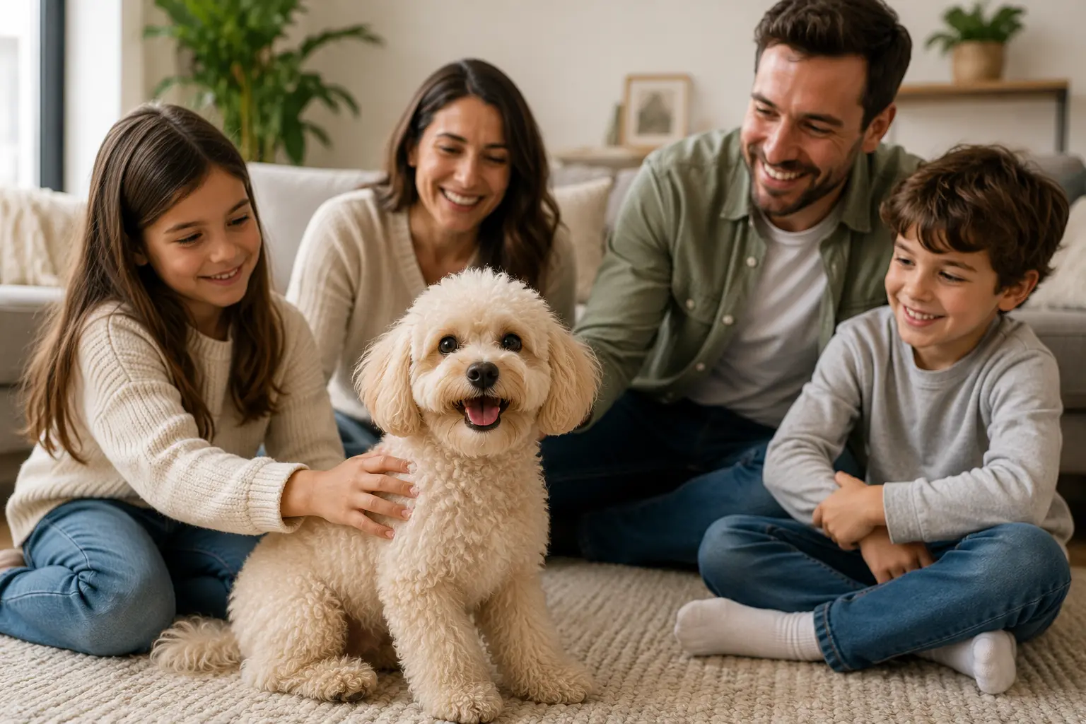 Maltipoo con una familia en casa